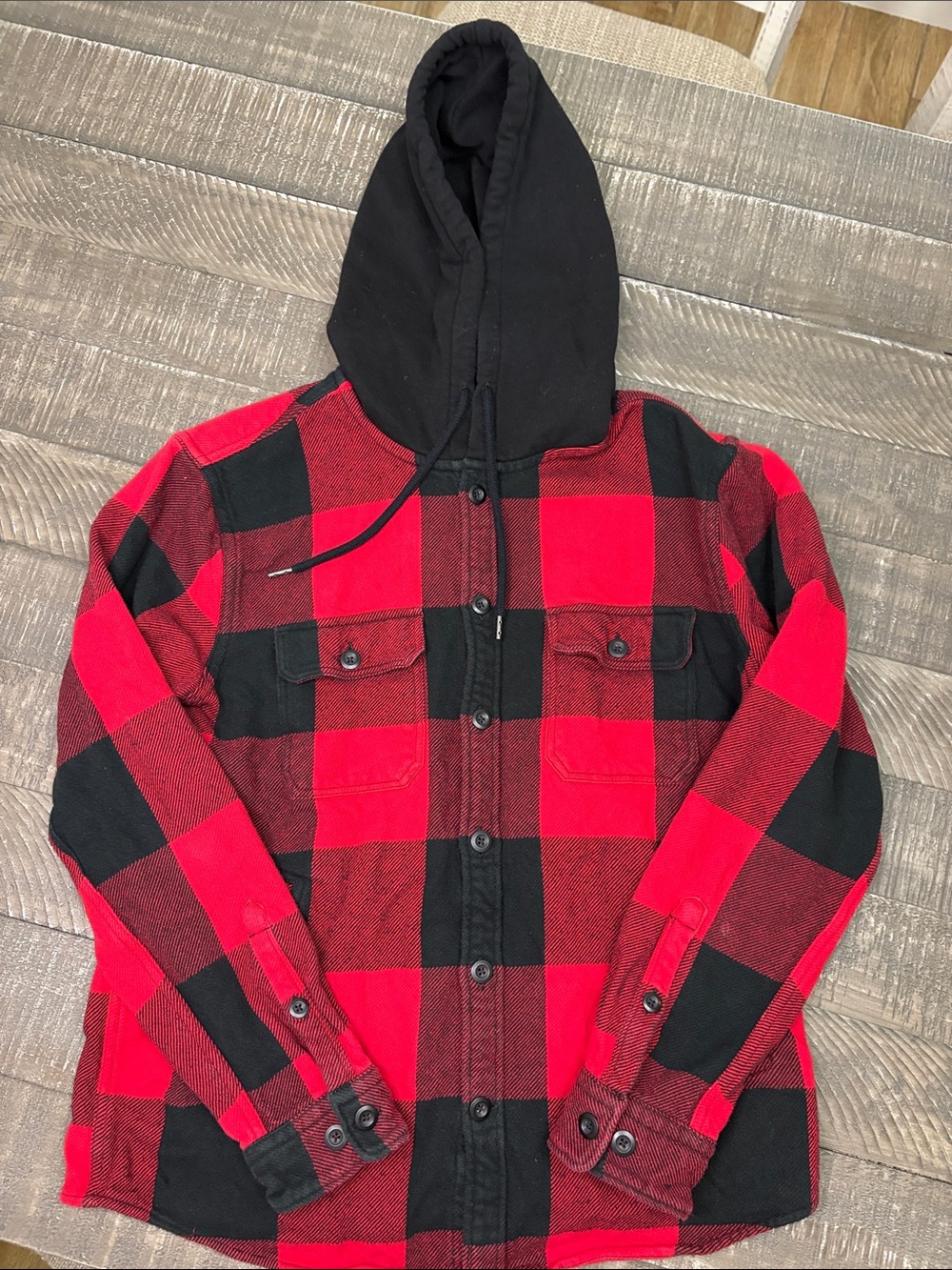 Express Red and Black Hooded Flannel Shirt Jacket